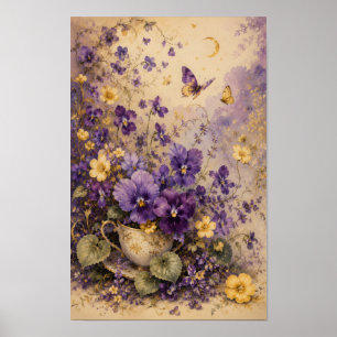 POSTER ARTE DO JARDIM DE CHÁ VIOLETA ILUMINADO PELA LUA