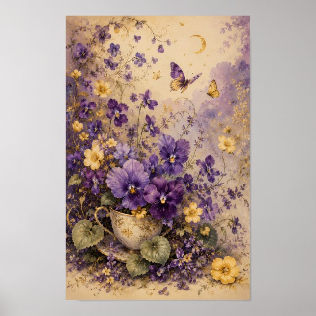 POSTER ARTE DO JARDIM DE CHÁ VIOLETA ILUMINADO PELA LUA (Frente)