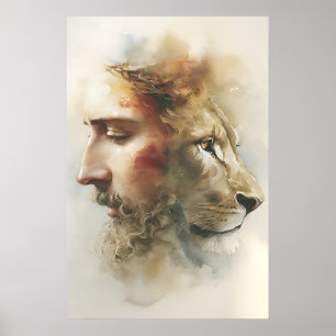 Poster Arte do Leão de Judá – Rosto de Jesus em Aquarela