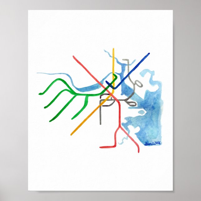 Poster Arte do Mapa da Linha T de Boston (Frente)