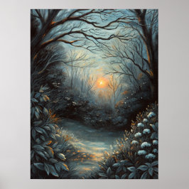 Poster Arte do Rio do Pôr do Sol da Floresta Noturna
