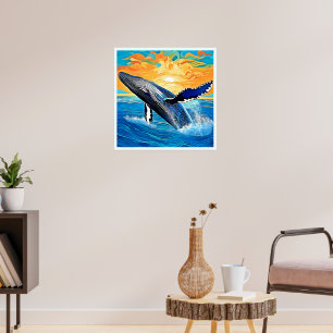 Poster Arte do Salto do Pôr do Sol da Jubarte