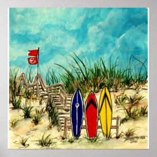 Pôster arte do surf - prancha e dunas de areia San Diego