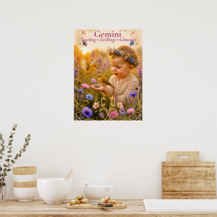 Poster Arte do Zodíaco de Gêmeos Coleção de Astrologia