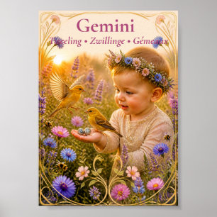 Poster Arte do Zodíaco de Gêmeos Coleção de Astrologia