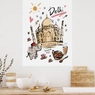 Poster Arte Doodle do Taj Mahal na Índia Fofa