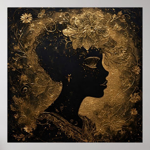 Poster Arte Dourada Elegante do Perfil de uma Mulher com