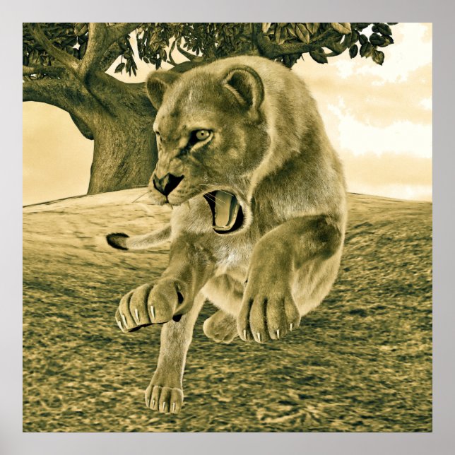Pôster Arte Dramática de Leoa em Safari de Vida Selvagem (Frente)