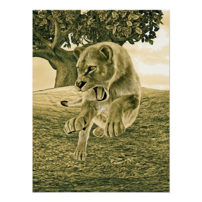 Pôster Arte Dramática de Leoa em Safari de Vida Selvagem (Frente)