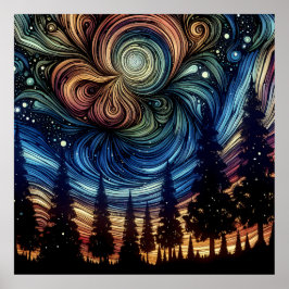 Poster Arte Eetérea Mística com Árvores e Céu Noturno