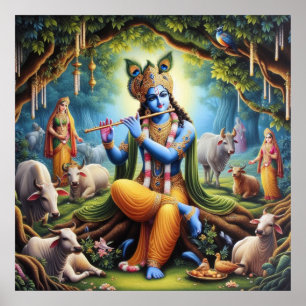 Poster Arte Elegante do Senhor Krishna em Ouro