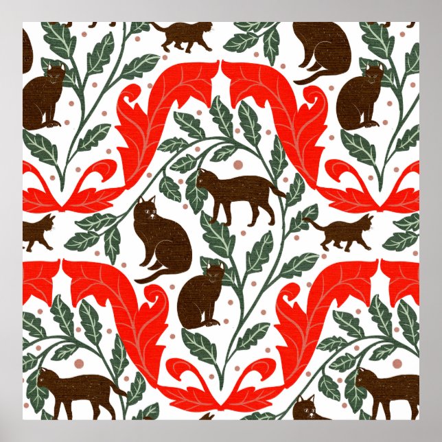 Poster Arte Elegante Nouveau Vermelho Castanho-Preto Gato (Frente)