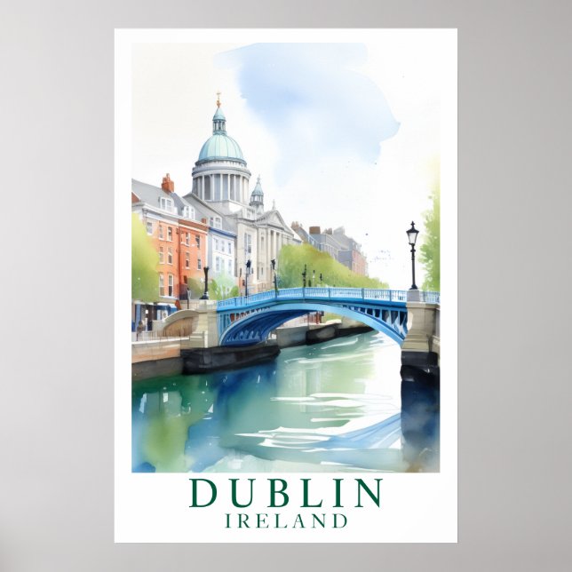Poster Arte em Aquarela da Ponte de Dublin Irlanda (Frente)