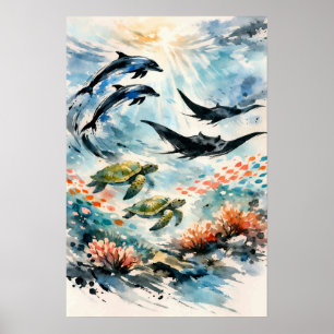 Poster Arte em Aquarela da Vida Selvagem do Oceano Tropic