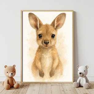 Poster Arte em Aquarela de Adorável Bebê Canguru