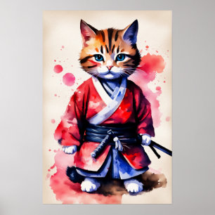 Poster Arte em aquarela de adorável bebê gato samurai