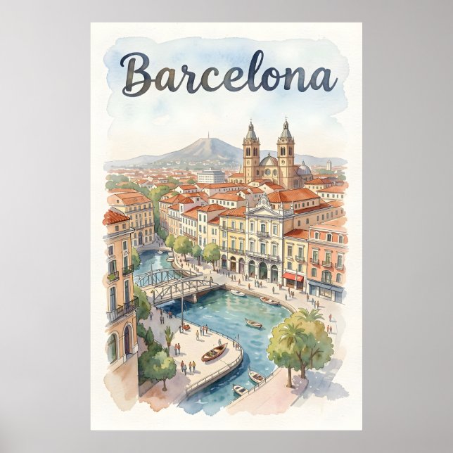 Poster arte em aquarela de Barcelona (Frente)