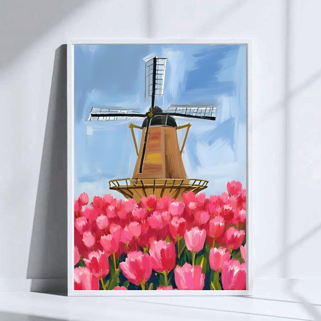 Poster Arte em Aquarela de Campo de Tulipas com Moinho de (Criador carregado)