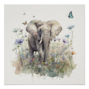 Pôster Arte em Aquarela de Elefante