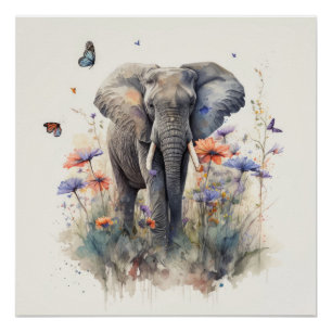 Pôster Arte em Aquarela de Elefante