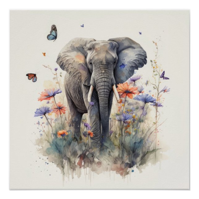 Pôster Arte em Aquarela de Elefante (Frente)