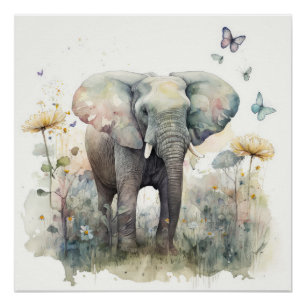 Pôster Arte em Aquarela de Elefante