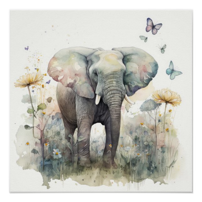 Pôster Arte em Aquarela de Elefante (Frente)