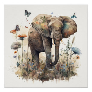 Pôster Arte em Aquarela de Elefante