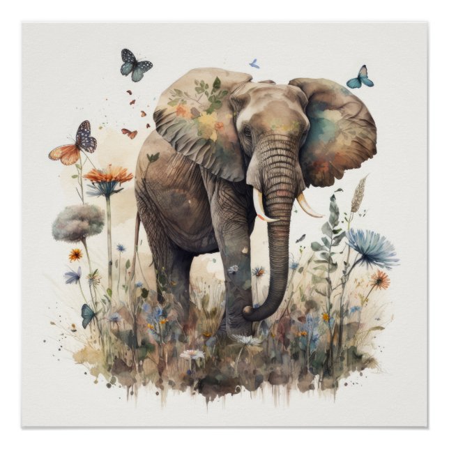 Pôster Arte em Aquarela de Elefante (Frente)
