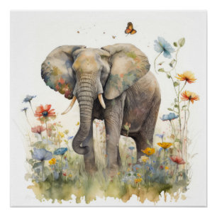 Pôster Arte em Aquarela de Elefante