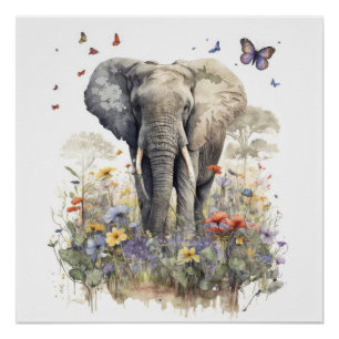 Pôster Arte em Aquarela de Elefante