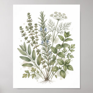 Poster Arte em aquarela de ervas culinárias vintage
