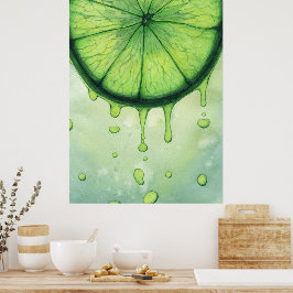 Poster Arte em Aquarela de Fatia de Limão Verde Vibrante