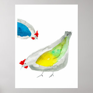 Poster Arte em aquarela de frangos fofos