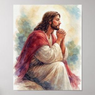 Poster Arte em Aquarela de Jesus em Oração Fé Cristã