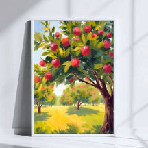 Arte em Aquarela de Outono Pomar de Maçãs