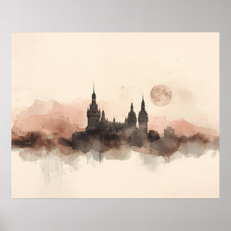 Poster Arte em Aquarela de Silhueta de Castelo Gótico ao
