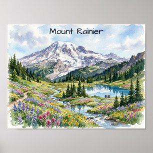 Poster Arte em Aquarela do Parque Nacional Mount Rainier