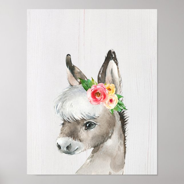 Poster Arte em Aquarela Estilo Fazenda com Burro e Flores (Frente)