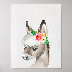 Poster Arte em Aquarela Estilo Fazenda com Flores e Burro
