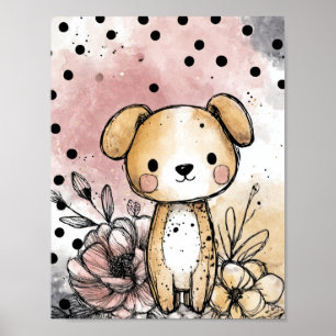 Poster Arte em Aquarela Floral de Cachorrinho Caprichoso 
