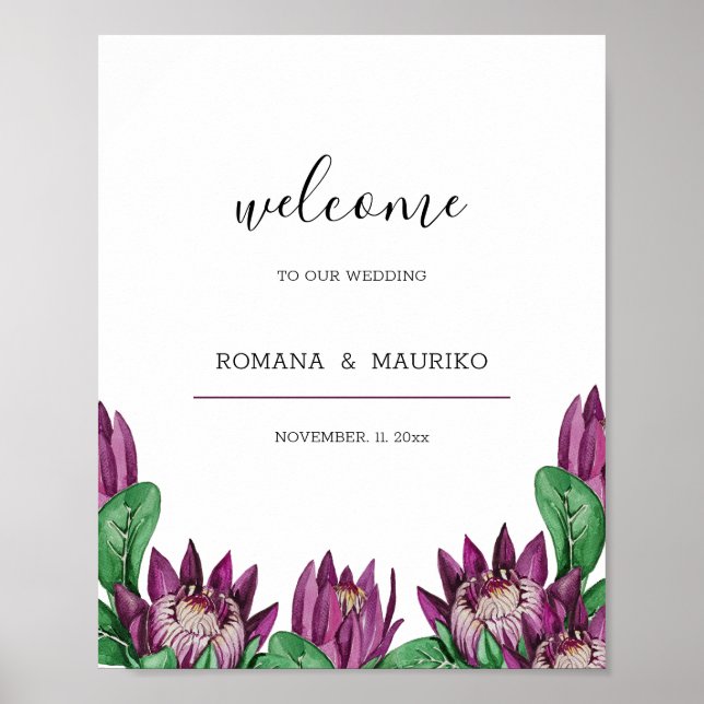 Poster Arte em Aquarela King Protea Deep Purple (Frente)