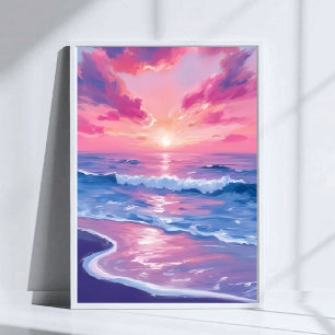Poster Arte em Aquarela Ondas do Pôr do Sol no Oceano Ros