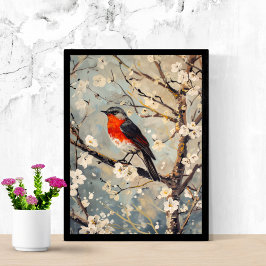 Poster Arte em Aquarela Pássaro Pintado em Árvore Flores