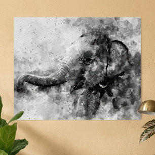Poster Arte em Aquarela Preto e Branco de Elefante Bebê F