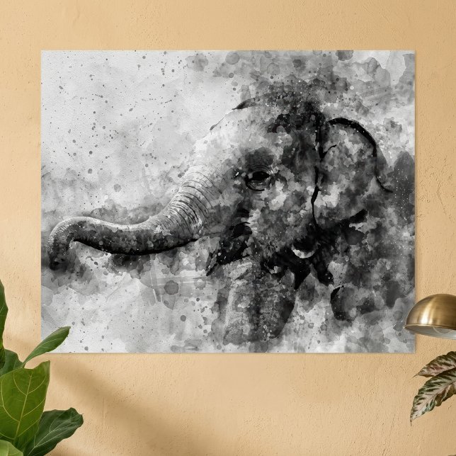 Poster Arte em Aquarela Preto e Branco de Elefante Bebê F (Cute Baby Elephant Black and White Watercolor Art. Poster)