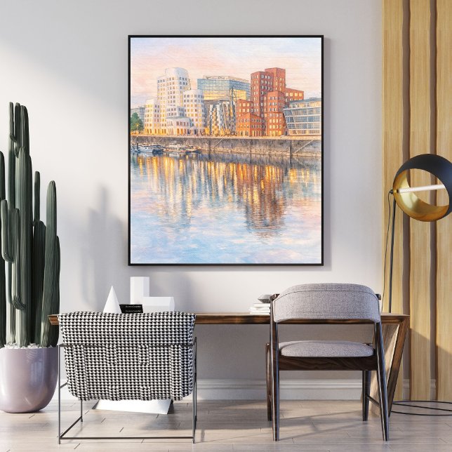 Poster Arte em Aquarela – Reflexo da Cidade Moderna ao Pô (Criador carregado)