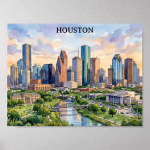 Poster Arte em Aquarela Retro Houston Texas