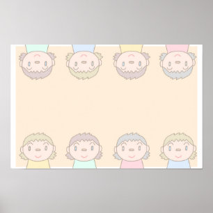 Poster Arte em cores pastéis com sorrisos de crianças.