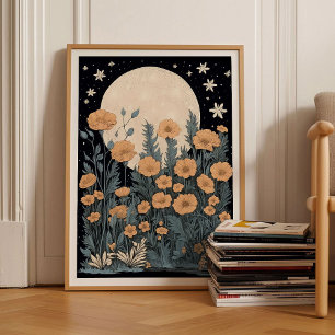 Poster Arte em estilo vintage de bloco com lua e flores,